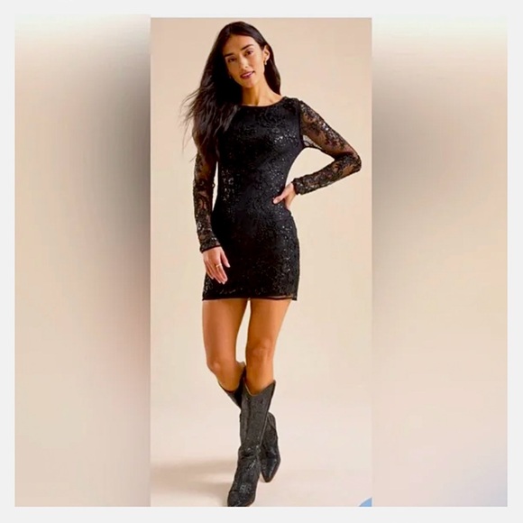 Altar’d State Ania Elegant Black Beaded Sequin Dress Long-Sleeve Sequin Dress - Picture 13 of 16